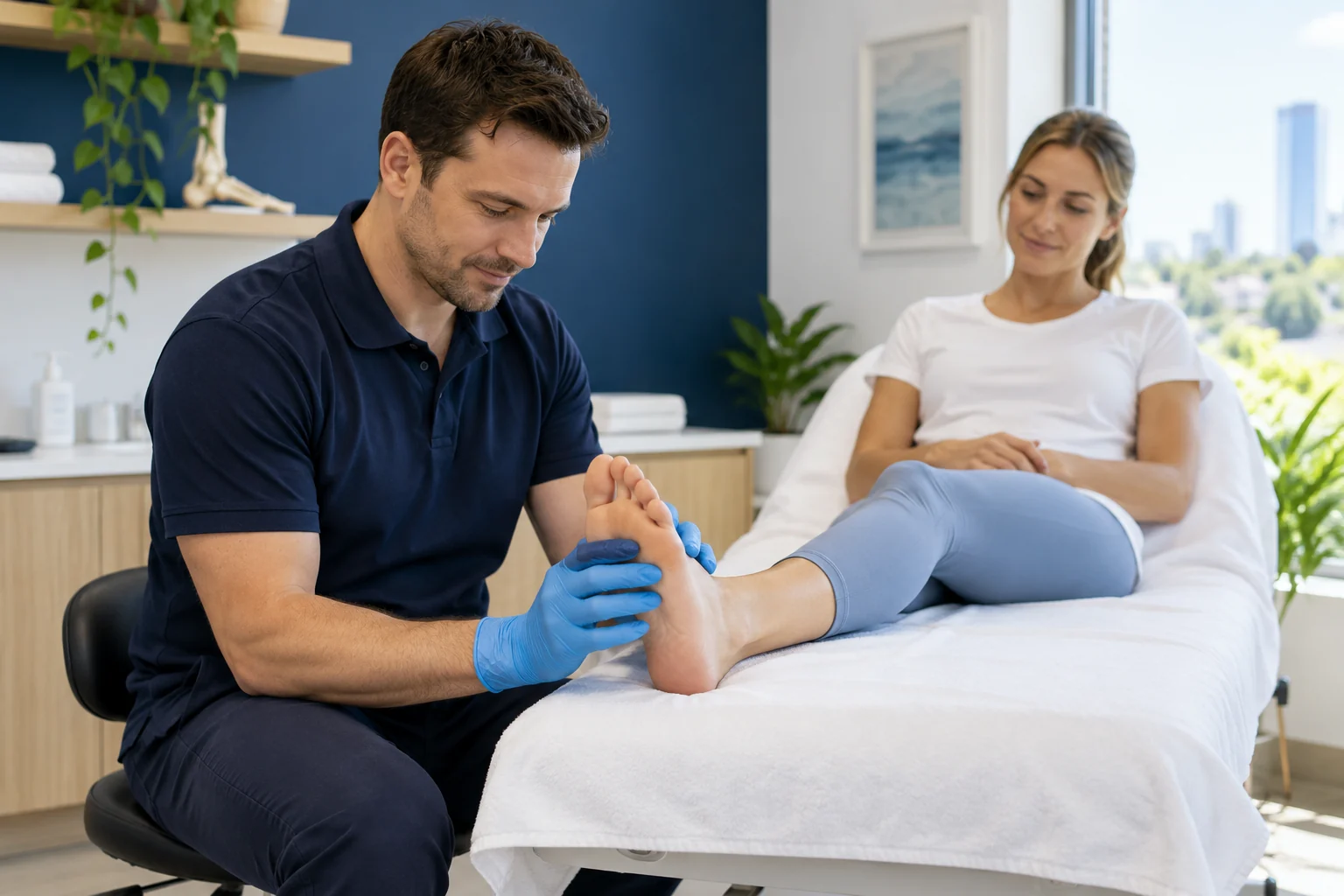 Podiatrist assessing an adult patient's foot