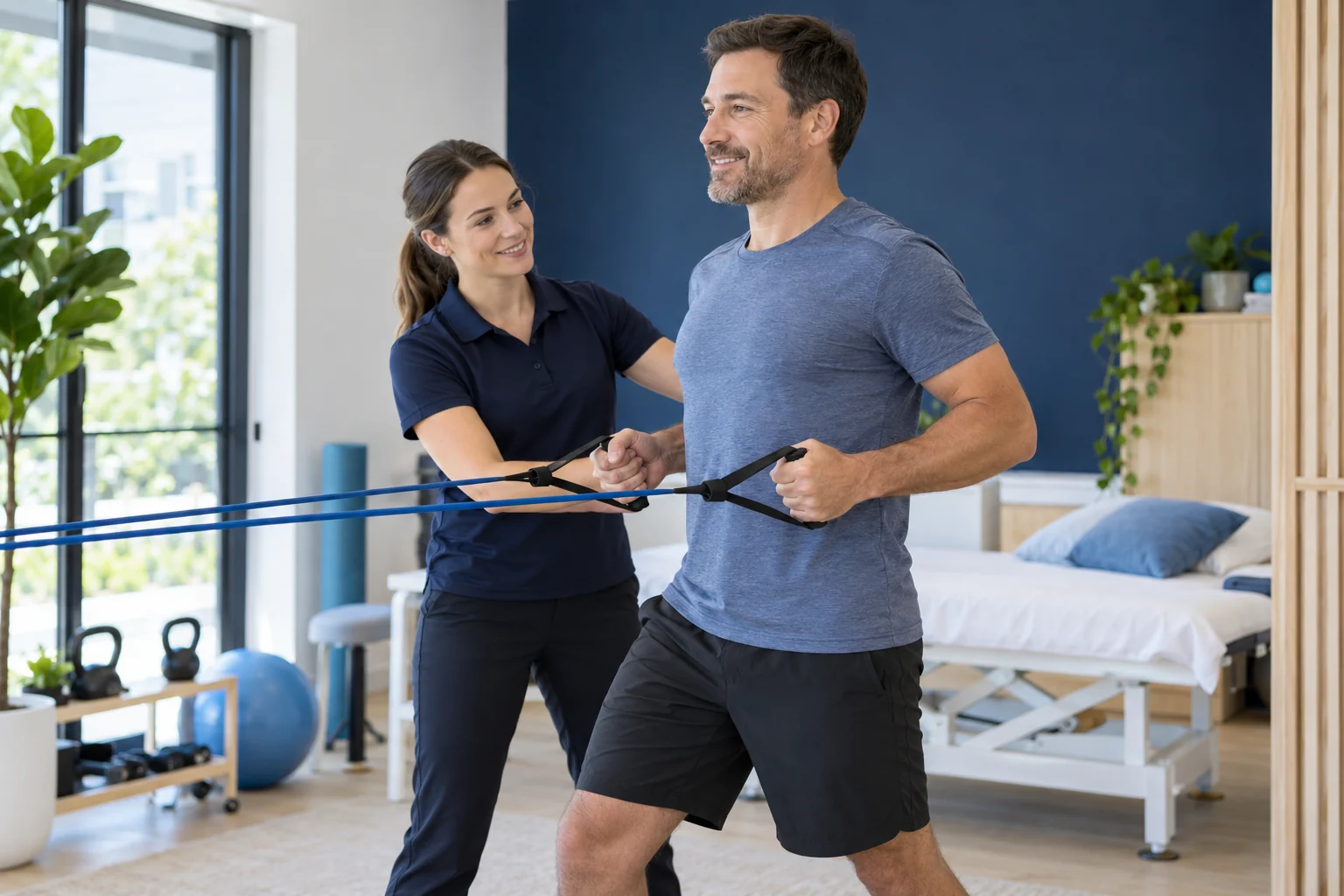 Physiotherapist supervising a resistance-band exercise