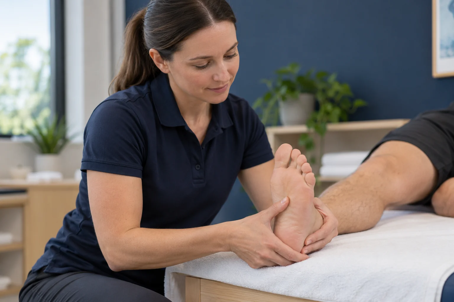 Clinician supporting a foot during a mobility assessment