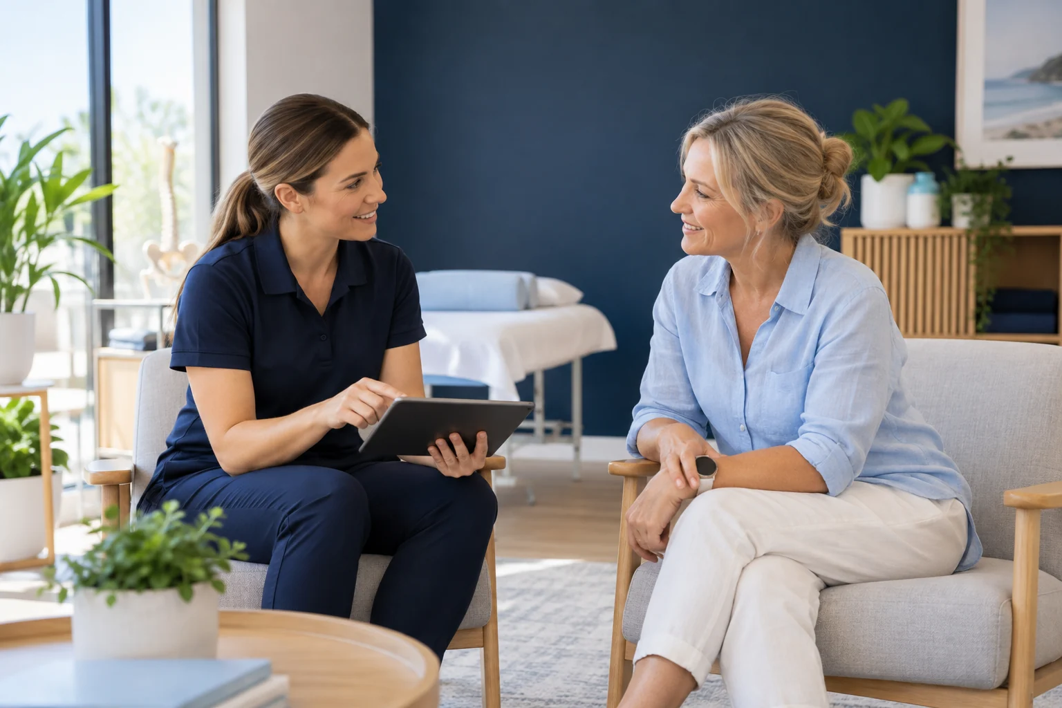Physiotherapist talking with a woman in a private consultation