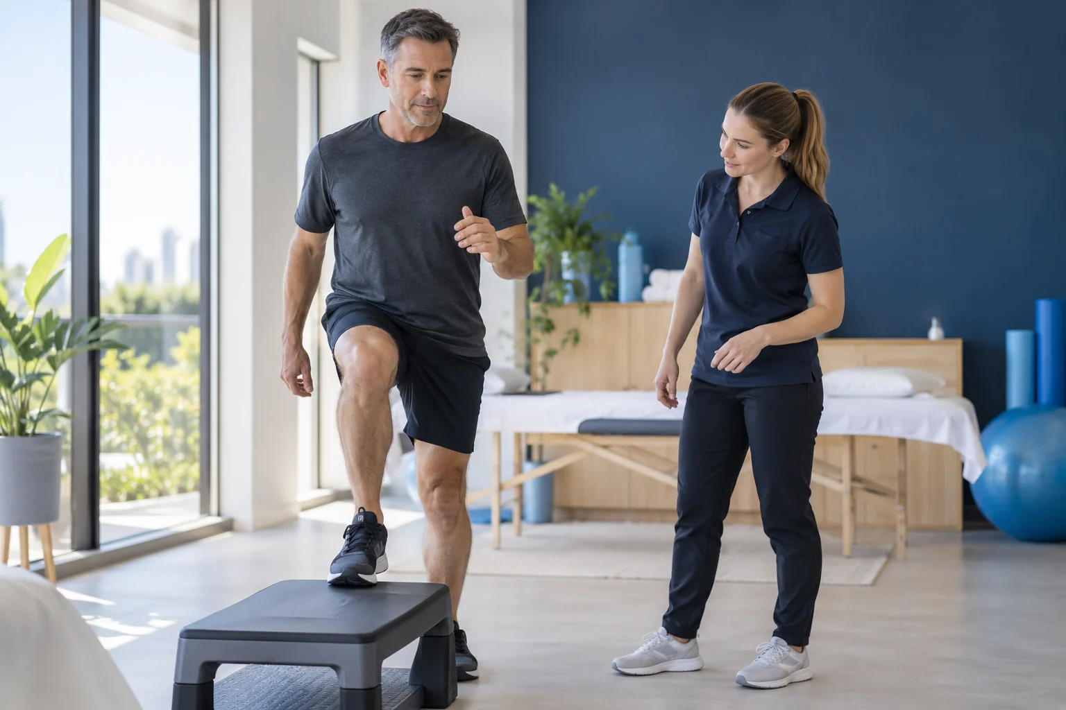 Man practising a step-up with a physiotherapist