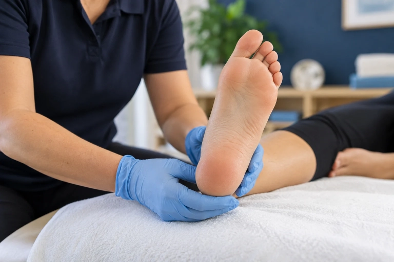 Gloved clinician gently supporting an adult heel