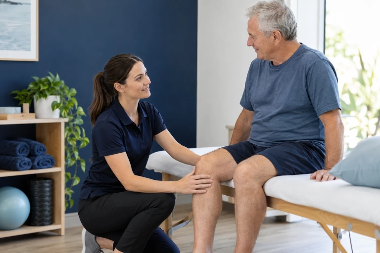 Physiotherapist assessing an older adult's knee