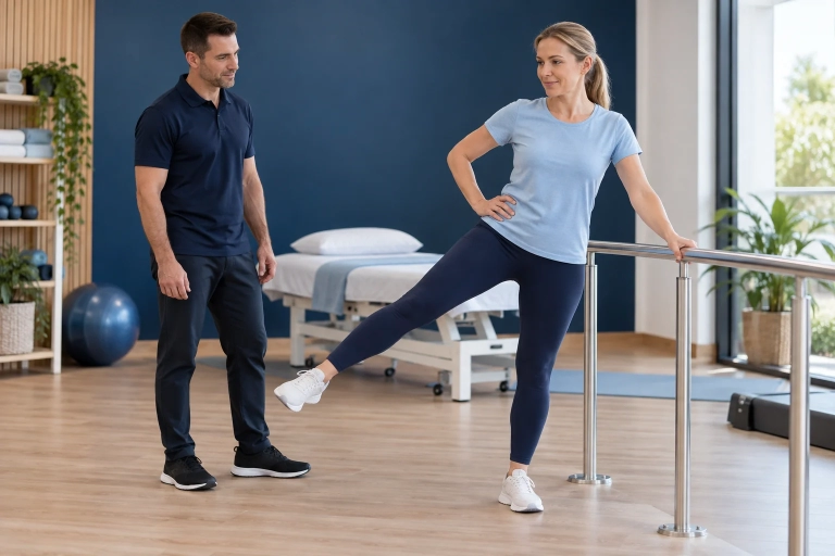 Woman performing a supported hip exercise with a physiotherapist