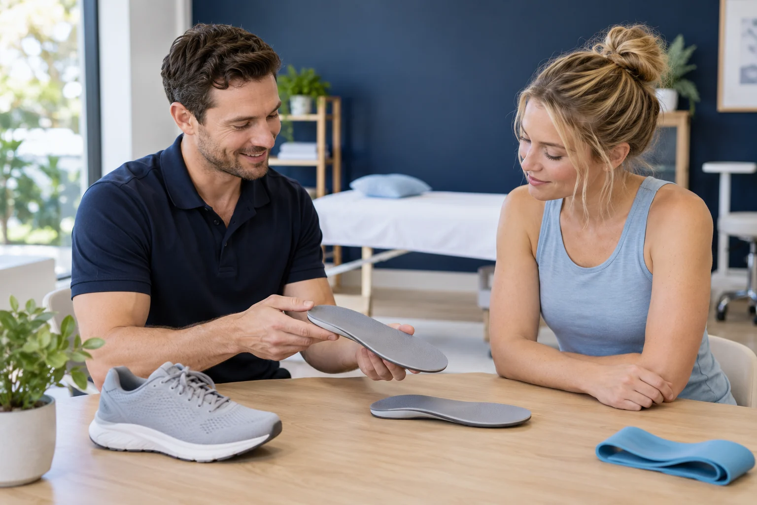 Clinician explaining a shoe insole and footwear options