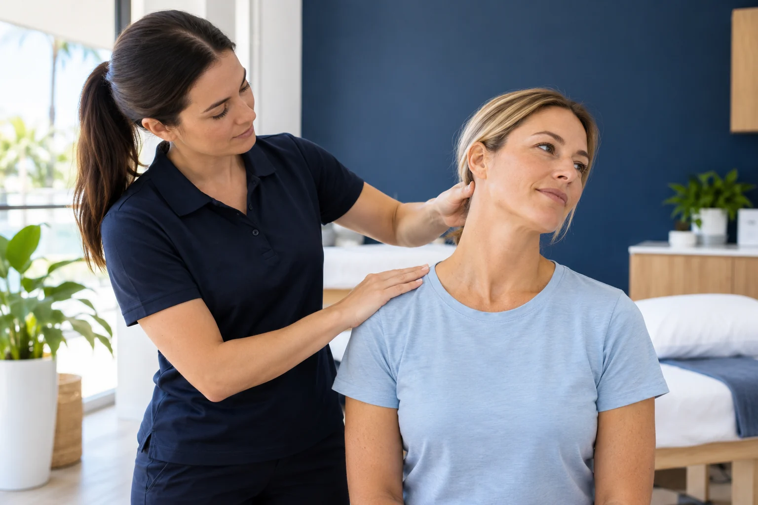 Physiotherapist gently assessing a seated woman's neck