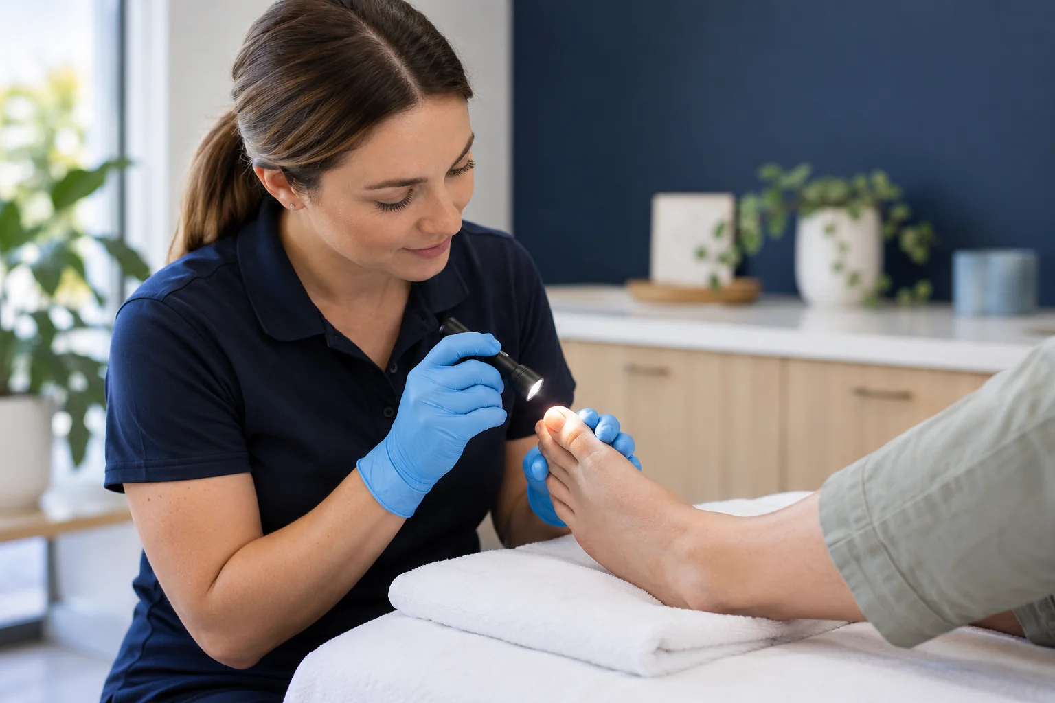 Podiatrist inspecting an adult toenail with an examination light