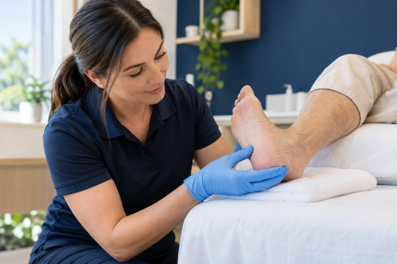 Podiatrist examining the skin of an older adult's heel