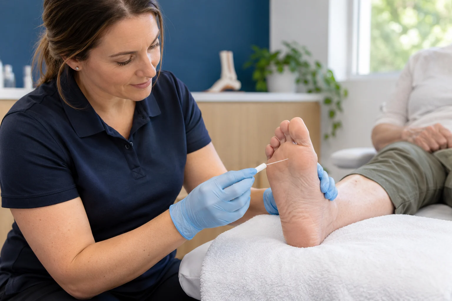Podiatrist using a monofilament during a foot sensation assessment