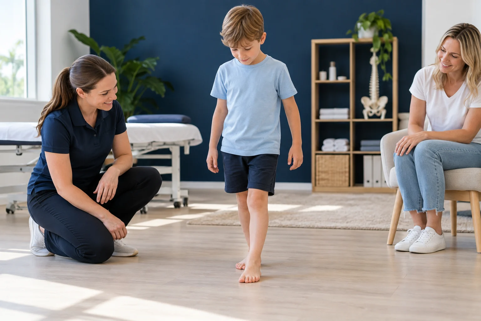 Child undergoing a foot and movement assessment with a parent nearby
