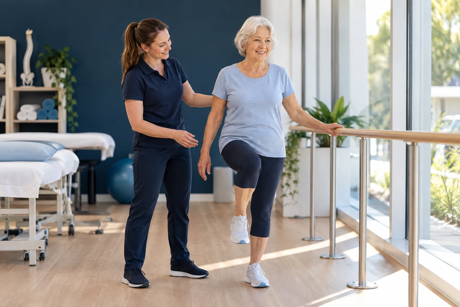 Older woman practising a supported balance exercise